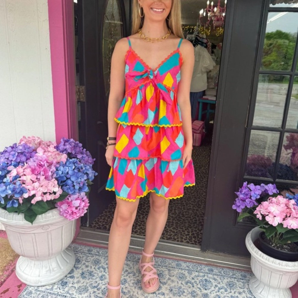 NWT Scrap work Pink Multi Geo Tiered Dress size L - Picture 1 of 8